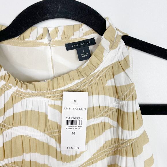 New Ann Taylor Medium Cream Tan Zebra Print Ruffle Smocked Neck Sleeveless Top - Picture 8 of 12